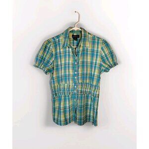 Creative Looks Medium Plaid Short Puff Sleeve Button Up Elastic Waist